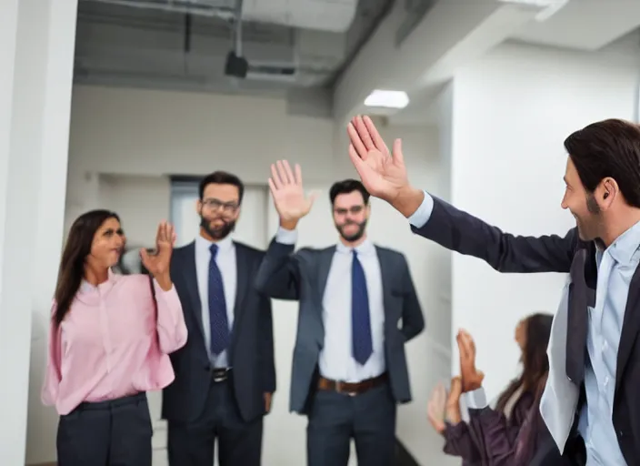 Image similar to realistic man in office waving goodbye to group of people