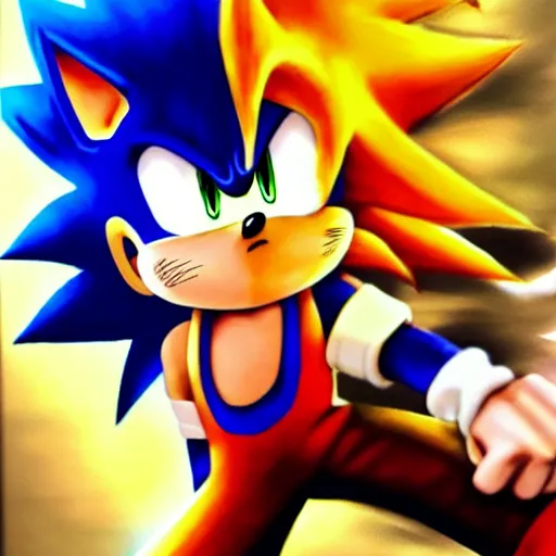 Image similar to ultra realistic portrait painting of a fusion of sonic and goku, art by masashi kishimoto, 4 k, naruto artstyle, cel shaded, highly detailed, epic lighting