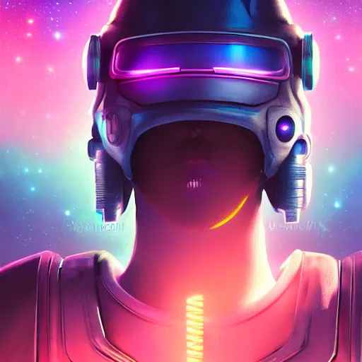 Prompt: cyberpunk concept cool warrior girl bot, galaxy, ufo, space sci - fi, wearing vr goggles, illustration, portrait, pastel neon textured background night, trending on artstation, greg rutkowski, octane rendered, 1 2 k, detailed,