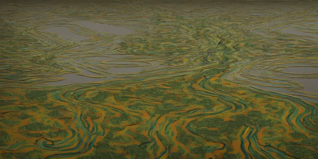 Image similar to abstract 3d landscape painting with a meandering river at noon by james jean and David Schnell painted in no mans sky style, redshift, octane