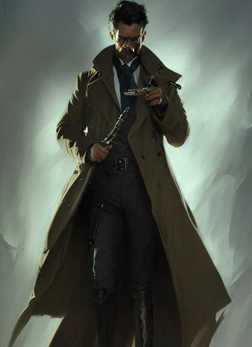 Prompt: portrait of a detective wearing trench coat and smoking puro, holding a sword, victorian, concept art, detailed face, fantasy, close up face, highly detailed, cinematic lighting, digital art painting by greg rutkowski