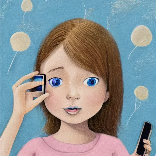 Image similar to children book illustration of little blonde girl with iphone by eloise wilkin