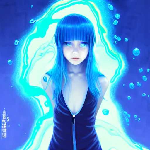 Image similar to blue slime swirling around rimuru reaching out, enveloped in ghosts, sky blue straight hair, bangs, with amber eyes, amber eyes, amber eyes, black jacket, high collar, ultra fine detaile, dark theme, digital painting, psychedelic, cinematic, wlop, pixiv, ilya kuvshinov, ross tran