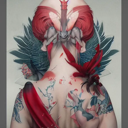 Prompt: ultra realistic illustration, beautifulwoman dressed in red kimono, backview, tattoos, in the style of peter mohrbacher by weta digital and beth cavener, high face symmetry, intricate, masterpiece, award winning, high face symmetry, intricate