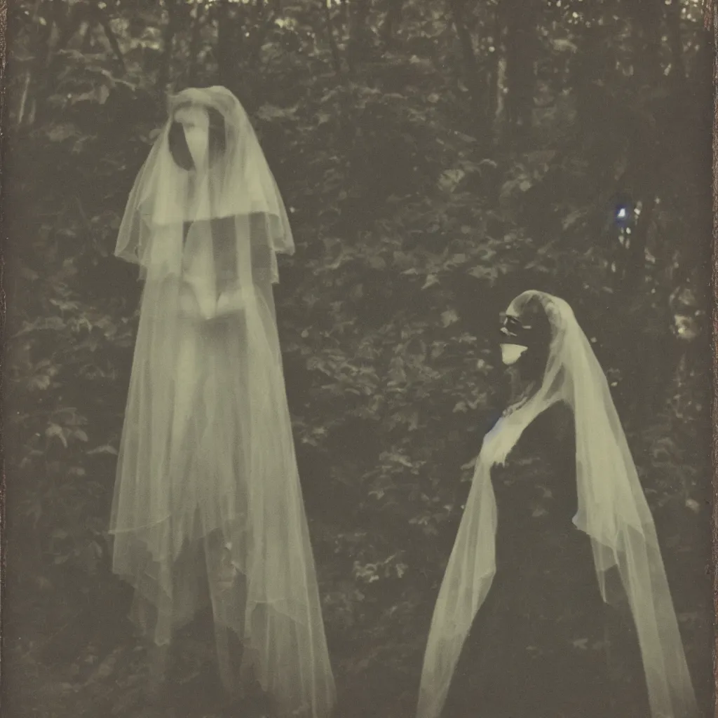 Image similar to polaroid vintage of a woman with black veil in the forest