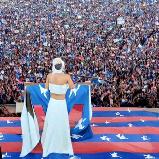 Image similar to Lady Gaga as president, Argentina presidential rally, Argentine flags behind, bokeh, giving a speech, detailed face, Argentina