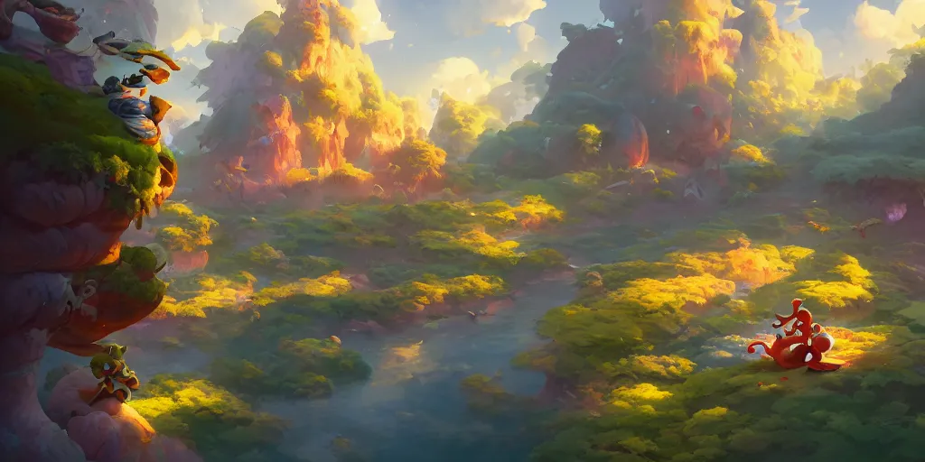 Image similar to 3 6 0 panoramic dynamics matte painting acrylic blur oil wonderland yoshi kurbi dofus, behance hd by jesper ejsing, by rhads, makoto shinkai and lois van baarle, ilya kuvshinov, rossdraws global illumination