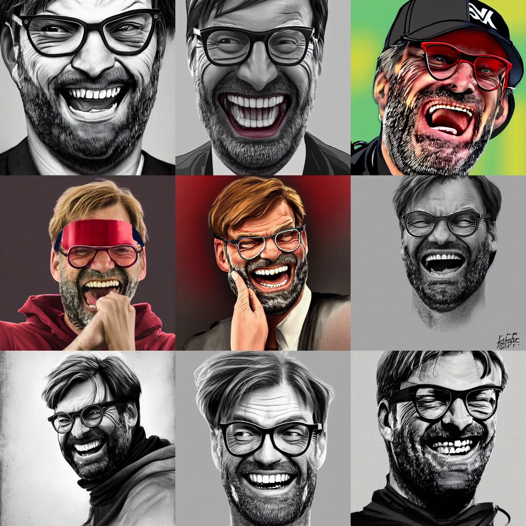 Prompt: Jurgen Klopp laughing, detailed, 4k, dramatic, Alphonse Mucham, trending on artstation