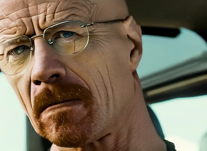 Prompt: film still of walter white as dominic toretto in furious 7 movie ( 2 0 1 5 ), 8 k, cinematic, rule of thirds