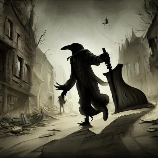 Image similar to plague doctor walking through a town ravaged by plague, dark, creepy, death, disease, hyperdetailed, concept art, artstation