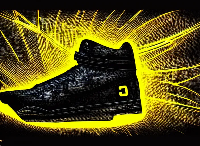 Image similar to glowing black basketball sneaker, wth short golden lines, yellow details, symmetrical, highly detailed, digital art, sharp focus, trending on art station, samurai, electricity superpowers, anime art style