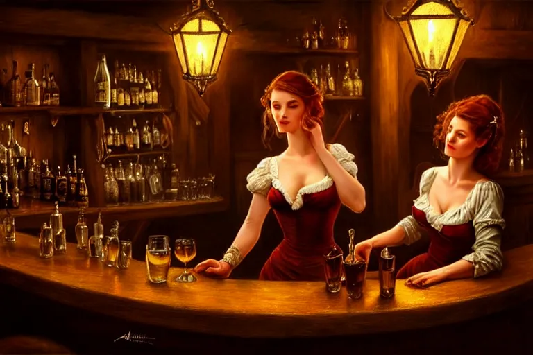 Image similar to a beautiful barmaid, dimly lit cozy tavern, relaxed pose, fantasy, intricate, elegant, dramatic lighting, emotionally evoking symbolic metaphor, highly detailed, lifelike, photorealistic, digital painting, artstation, concept art, smooth, sharp focus, illustration, art by John Collier and Albert Aublet and Krenz Cushart and Artem Demura and Alphonse Mucha, epic composition, grim yet sparkling atmosphere, dim volumetric lighting, 8k octane beautifully detailed render, post-processing, extremely hyperdetailed, cinematic lighting + masterpiece, trending on artstation