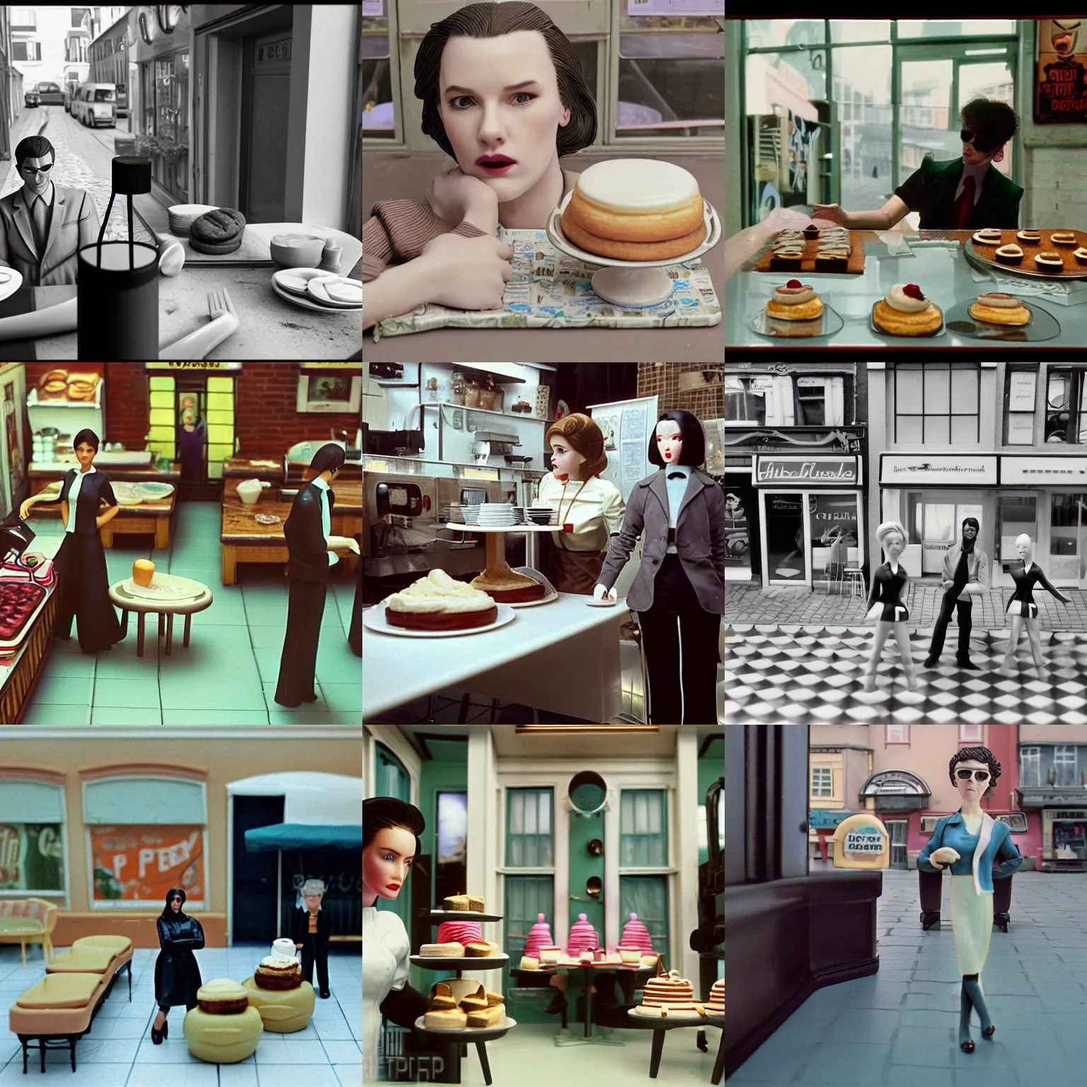 Prompt: beautiful hyperrealism three point perspective film still reimagined coffee shop scene from the matrix pastry bake off(1990) portrait in style of 1990s frontiers in french wave nouveau retrofuturism french street photography fashion edition, pointé posed sheer porcelain miuature keanu reeves model, focus on pursed lips, terrified, cake in hand, eye contact, tilt shift style scene background, soft lighting, Kodak , cinematic style, telephoto, bokeh