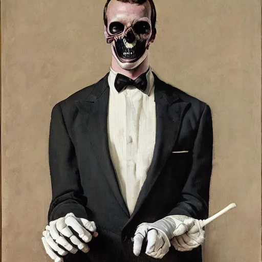 Prompt: portrait of a suited man with medical gloves and a skull mask, by Gerald Brom and Norman Rockwell