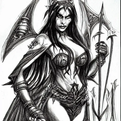 Image similar to dark elf sorceress who is summoning a demon in the style of warhammer fantasy : : head and shoulders drawing