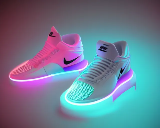 Prompt: 3D render of nike sneakers with neon lights from below, futuristic style, highly detailed, award winning, unreal engine 5, studio lighting