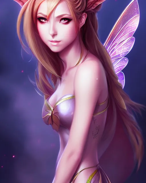 Prompt: 3 / 4 view of a woman with fairy wings, confident pose, pixie character, video game genshin impact, cell shaded anime intricate, elegant, sharp focus, illustration, highly detailed, concept art, matte, magali villeneuve, artgerm, anime, trending on artstation