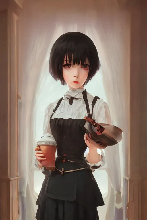 Prompt: a portrait of a cute young Victorian maid with black bob cut hair, steampunk setting, vivid colors, soft lighting, atmospheric, cinematic, moody, in the style of Ilya Kuvshinov and Range Murata, Krenz Cushart, oil on canvas, 8k