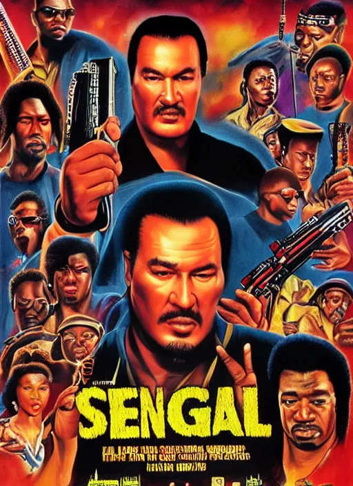 Image similar to Steven Seagal, Ghanaian movie poster, action thriller, 1980s Arcade, Ninjas, highly detailed, HD, realism