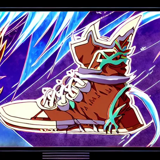 Image similar to fantasy anime jrpg sneaker design designed by studio ghibli, chrono trigger guilty gear style, aztec mayan street fashion native punk sneaker design, hip hop sneaker design with subtle mayan patterns, gapmoe yandere grimdark, trending on pixiv fanbox, painted by greg rutkowski makoto shinkai takashi takeuchi studio ghibli, akihiko yoshida