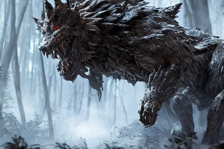 Image similar to vfx movie closeup detailed ancient armored warrior orc hunting riding large wolf in the forest, natural lighting by emmanuel lubezki