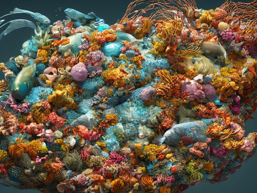 Image similar to a sculpture of fish ocean intertwined, a lovely cornucopia of flowers and human body parts, body parts, highly detailed, octane render, cinematic, shock, sharp focus