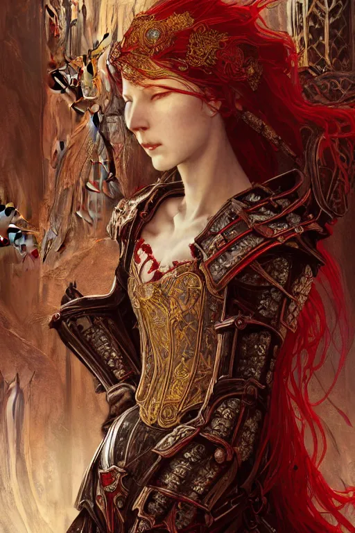 Prompt: beautiful luxury and elite and victorian and holy medieval female red and white color armor knight portrait+smoky eyes+light flowing hair, in ruin gothic cathedral, ultradetail face, art and illustration by tian zi and craig mullins and WLOP and alphonse mucha, fantasy, intricate complexity, human structure, fantasy world concept, watermark, blurry, hyperrealism 8k