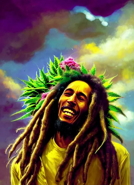 Image similar to portrait of bob marley joyous jamaican warrior with flowing dreadlocks, surrounded by cannabis flowers. afrogoth intricate digital matte painting concept art, warpaint aesthetic, colorful, psychedelic, beautifully backlit, subtle tones, sharp focus, cinematic aesthetic octane render, volumetric lighting, by edmund leighton, james jean, ross tran and artgerm