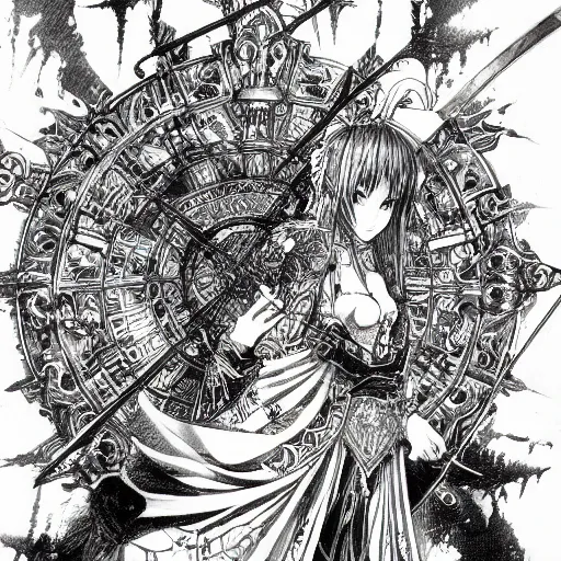 Prompt: highly detailed perspective drawing black and white goetic pen and ink manga panel by hiroya oku!! mucha sword concept art design