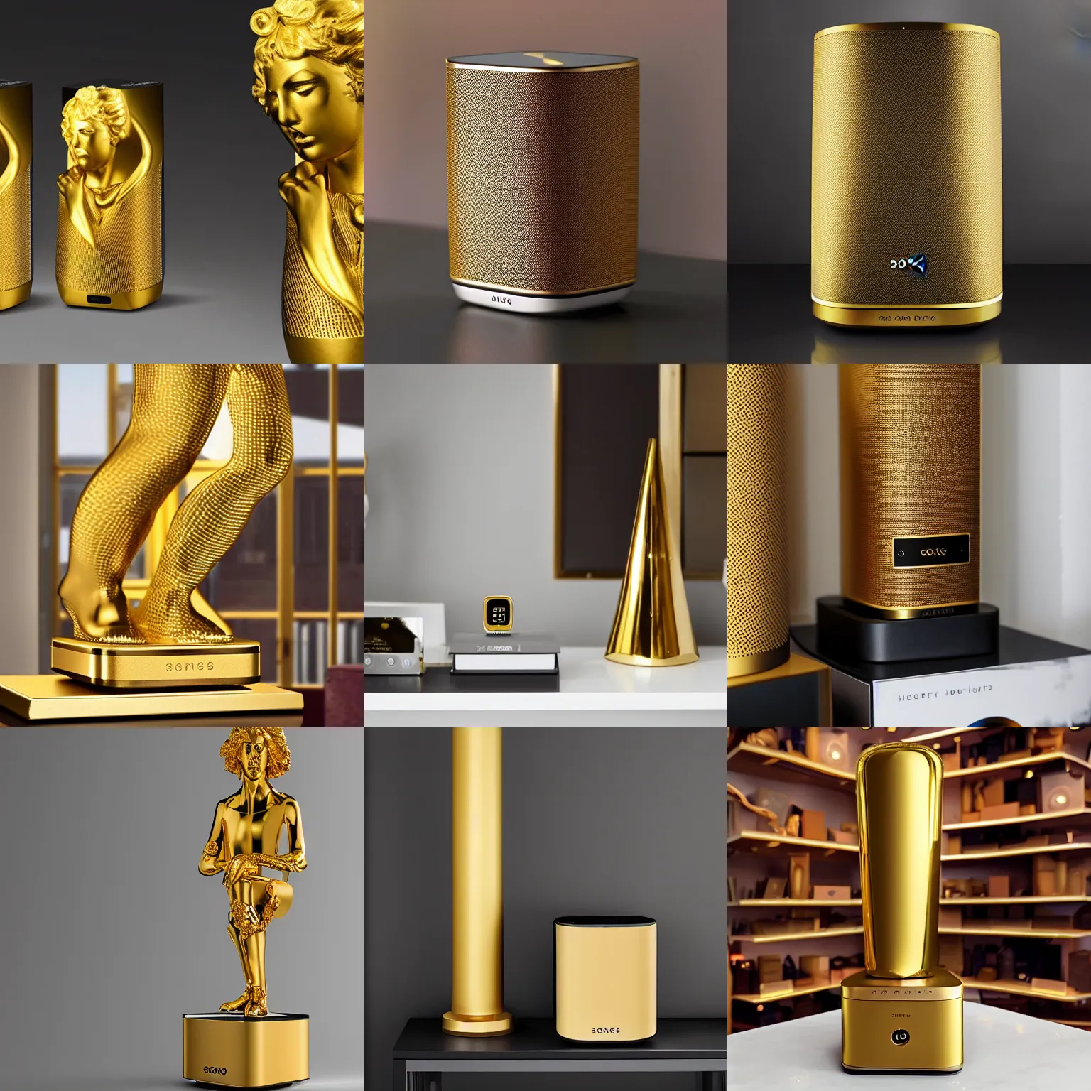 Prompt: golden statue of Sonos speaker made of pure gold, highly detailed