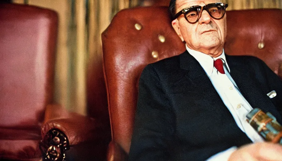 Prompt: 60s movie still close-up portrait of Josip Broz Tito relaxed in a armchair with a cigar, cinestill 800t 120mm eastmancolor, cinematic, very detailed, skin texture, high quality