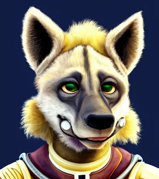 Image similar to digital detailed portrait of anthromorphic female hyena, in style of zootopia, fursona, furry, furaffinity, 4 k, deviantart, wearing astronaut outfit, in style of disney zootopia, floating in space, space background, in deep space, dark background, hyena fursona, cyberpunk, female, detailed face,