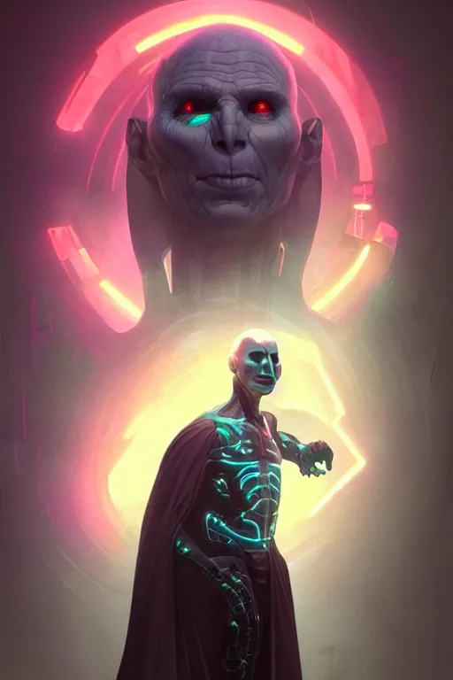 Image similar to cyborg Lord Voldemort without nose in cyberpunk, neon lighting, digital art from artstation by Ruan Jia and Mandy Jurgens and Artgerm and william-adolphe bouguereau and Greg Rutkowski and Wayne Barlowe