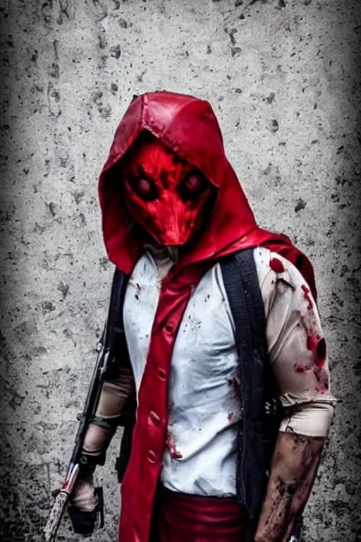 Image similar to red hood cosplay, creepy, disturbing, bloody, darkness, grainy