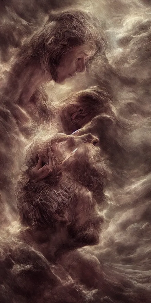 Prompt: insanely surreal dynamic digital painting of god's grieving, hyper detailed by random artists, beautiful, transient, elegant, transcendental, sad, photorealistic, cinematic