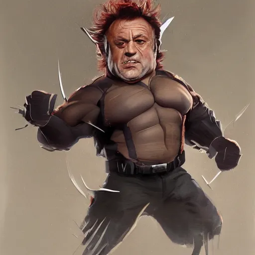 Image similar to danny devito as wolverine, full body portrait, full suit, claws out, oil on canvas, octane render, trending on artstation