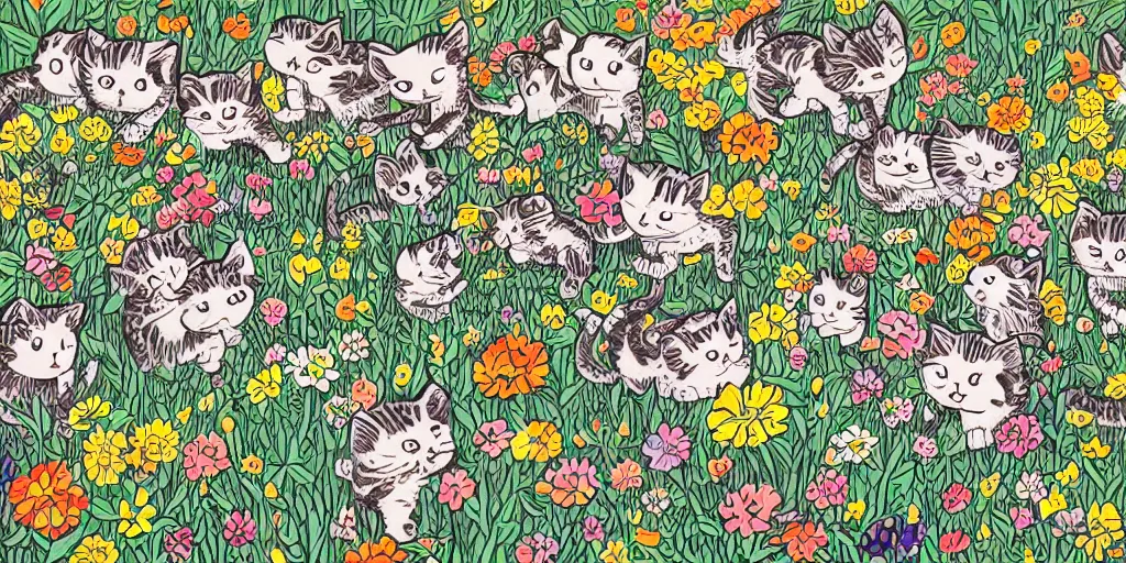 Image similar to group of kitten playing in a flower garden, art by mcbess