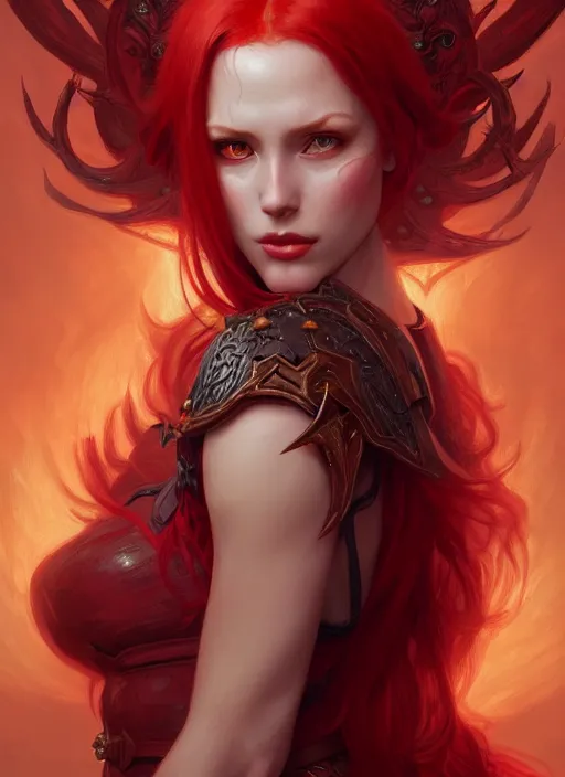 Image similar to a beautiful red haired woman as a demon, deep focus, d & d, fantasy, intricate, elegant, highly detailed, digital painting, artstation, concept art, matte, sharp focus, illustration, hearthstone, art by artgerm and greg rutkowski and alphonse mucha