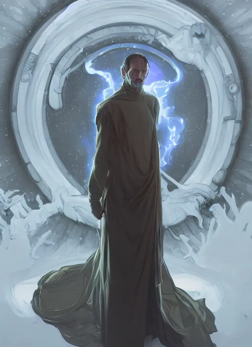 Image similar to Portrait of Steve Jobs, white glowing eyes, cloak, face enhance, male, fantasy, extremely detailed, digital painting, artstation, concept art, smooth, sharp focus, illustration, stunning lighting, art by artgerm and alphonse mucha and simon stalenhag, realistic character concept, high fantasy, light atmosphere, golden ratio, cinematic lighting, hyperdetailed, high resolution, insanely detailed and intricate, Marc Simonetti, Greg Rutkowski, 8k