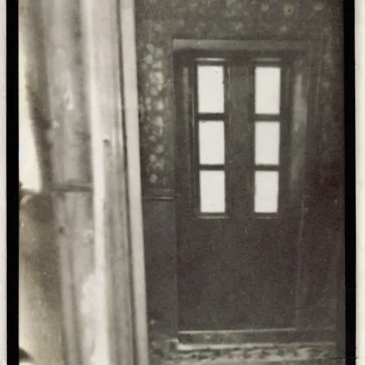 Prompt: A 1900's polaroid photograph of a house with a scary stick monster in the front door with bright white eyes, creepypasta, liminal