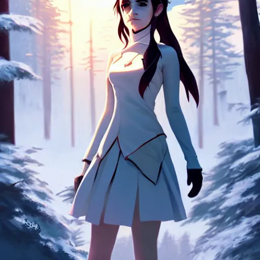 Image similar to emma watson as weiss schnee from rwby by ross draws, forest background by ilya kuvshinov, digital anime art by ross tran, composition by sana takeda, lighting by greg rutkowski