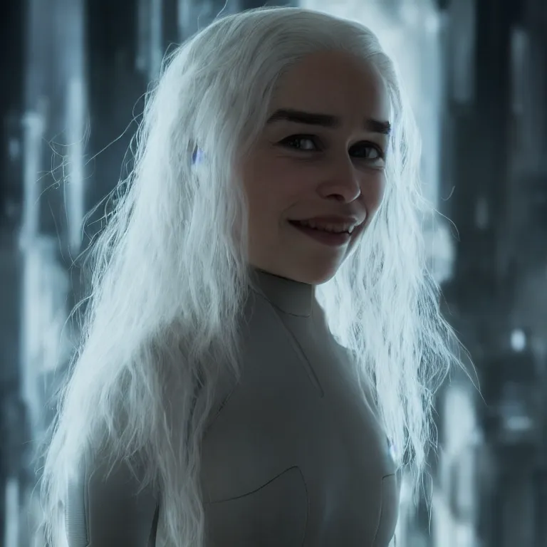 Prompt: scifi smiling emilia clarke looks like ghost in the shell, extremely high detail, photorealism, sony a 7 r