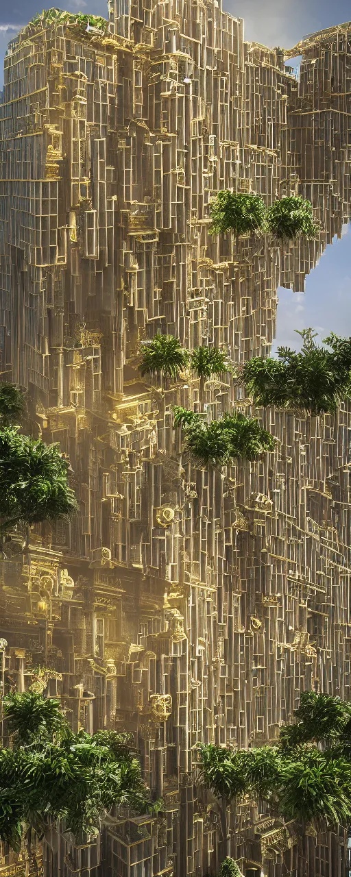 Prompt: solarpunk, eye level view of a contemporary babylon tower, golden intricate details, stone facade, sacred architecture, hanging gardens, cascading highrise, arid mountains with lush palm forest, photorealistic, sunlight, post - production, octane, cgi, sfx