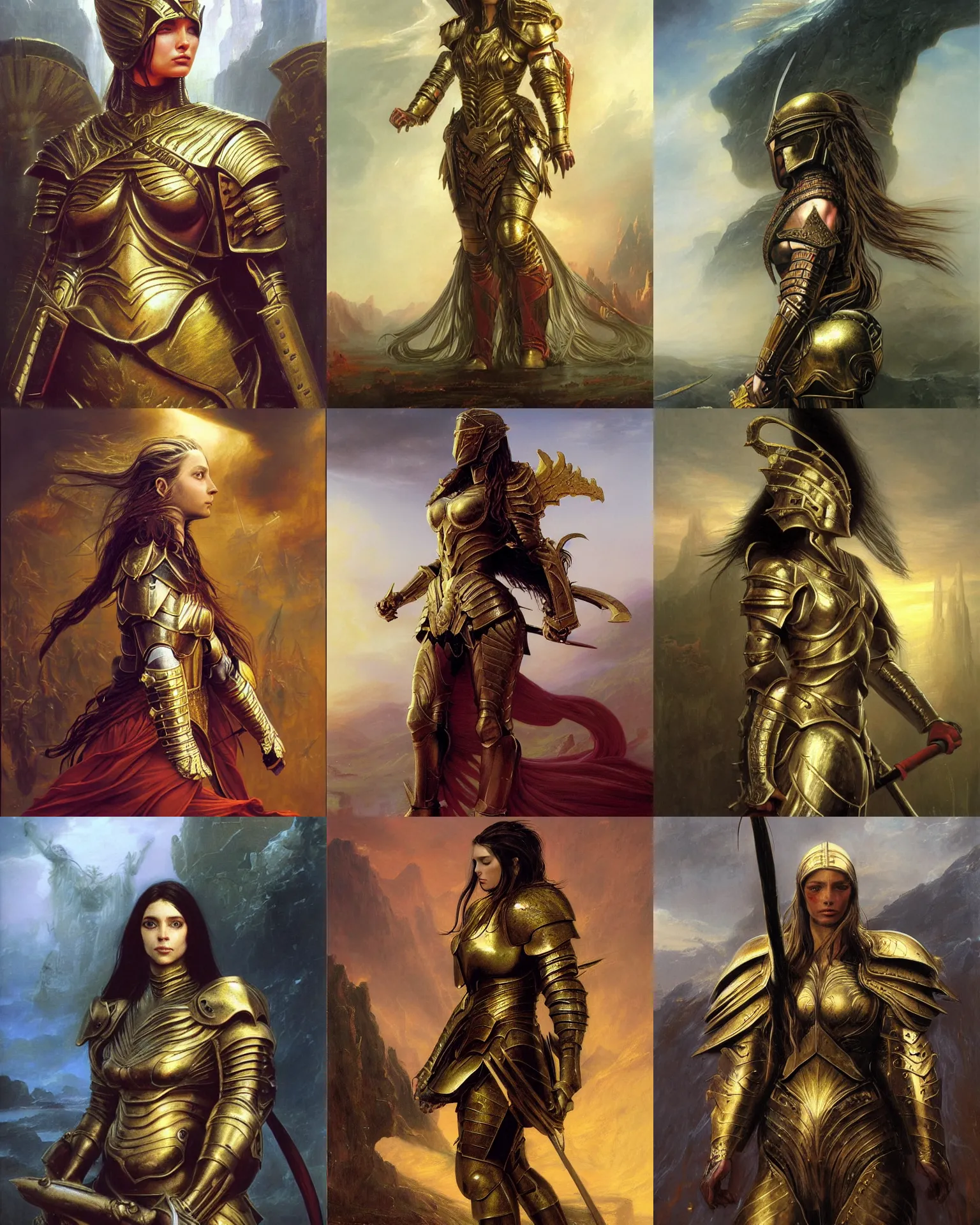 Prompt: beautiful female warrior, half body portrait, long flowing hair, heavy gold armour, realistic oil painting by Thomas Cole and Wayne Barlowe