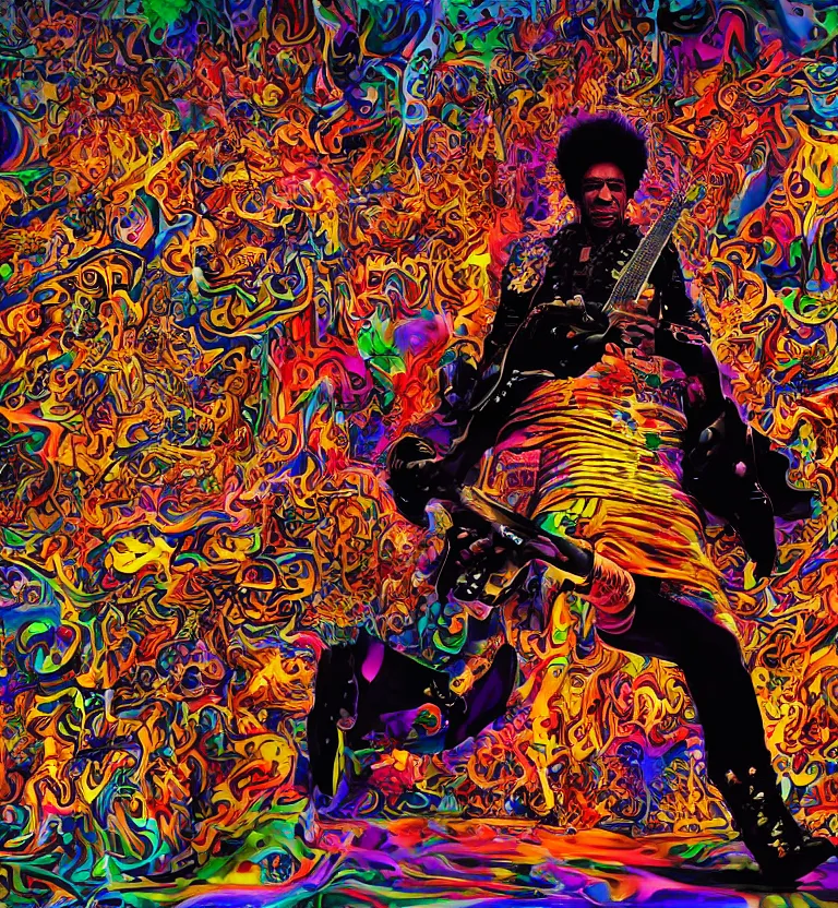 Image similar to biomorphic temple ultrawide angle photography, jimi hendrix full body shot, 8 k