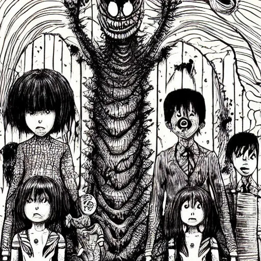 Image similar to monster lurking behind a happy family by junji ito, color, highly detailed, detailed, intricate, scary, horror, eerie, nightmares, dark, dramatic, 8 k