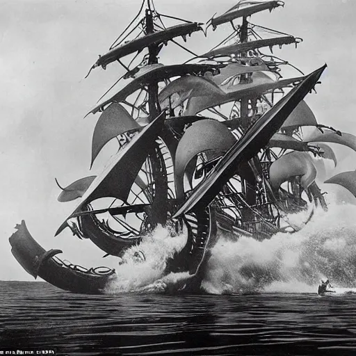 Image similar to an impossibly huge pirate ship, being attacked by a kraken, giant tentacles. 1930s photograph