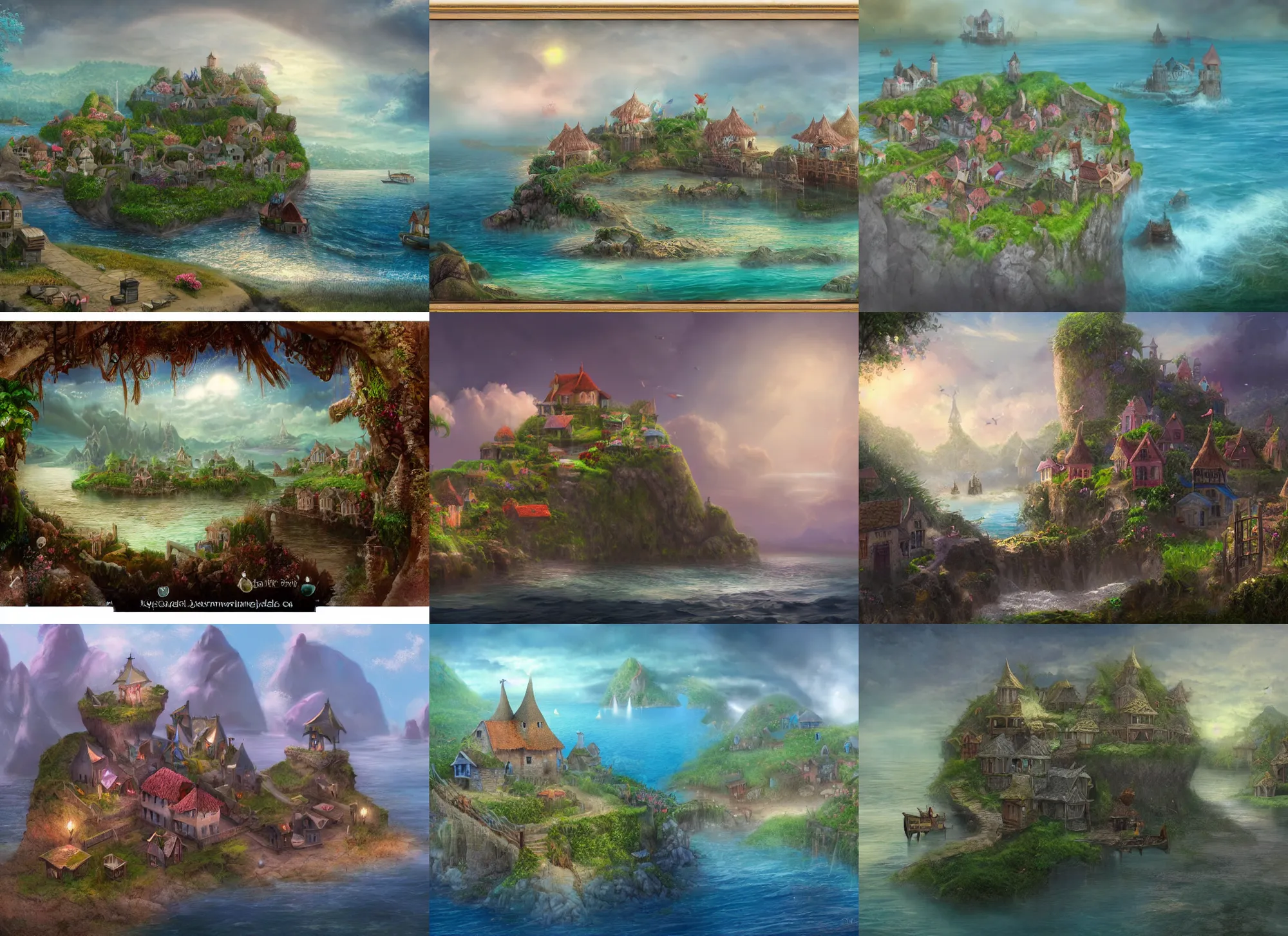 Prompt: soft matte painting of an magical fantasy village island on the ocean