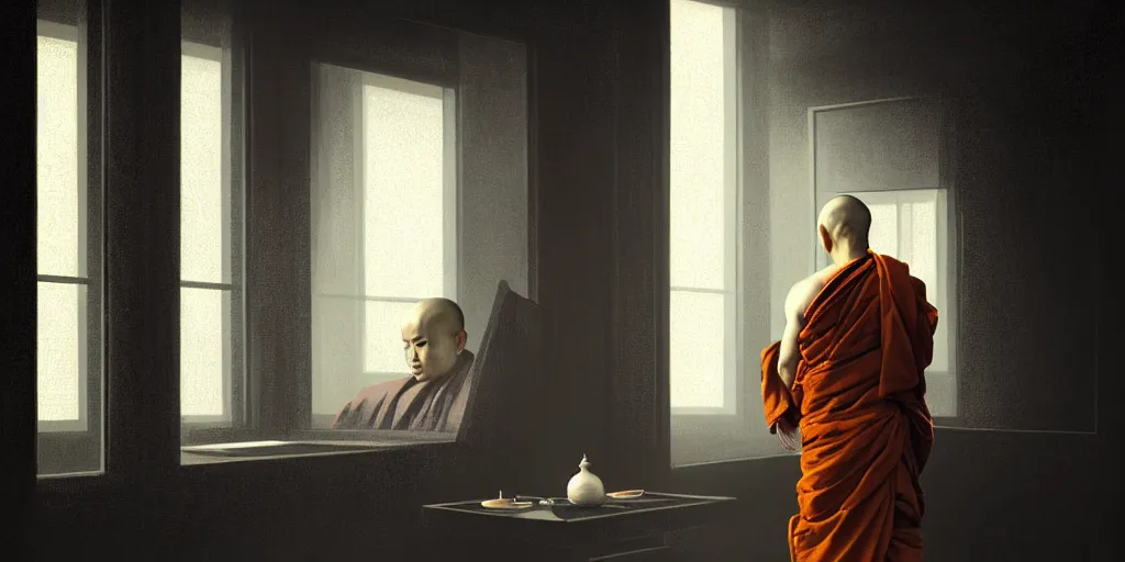 Image similar to Ultra realistic illustration, buddhist monk looking at himself in the mirror, cyberpunk, sci-fi, fantasy, intricate, elegant, highly detailed, digital painting, artstation, concept art, smooth, sharp focus, illustration art in the style of artgerm, by greg rutkowski, by albrecht durer,