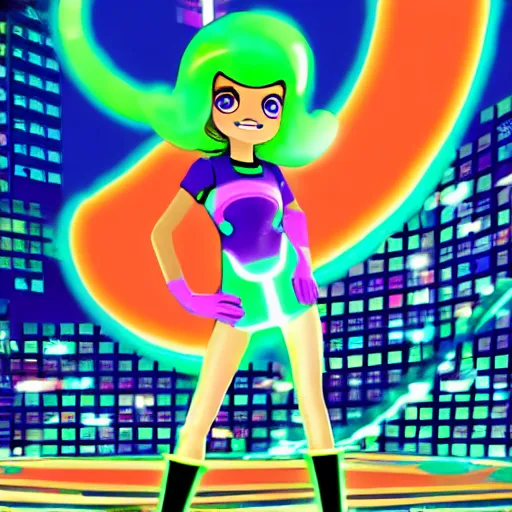 Image similar to Marina from Splatoon wearing a Tron style dress, Tron city background, digital art